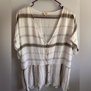 Relaxed Cream Blouse with Olive Stripe Button Front